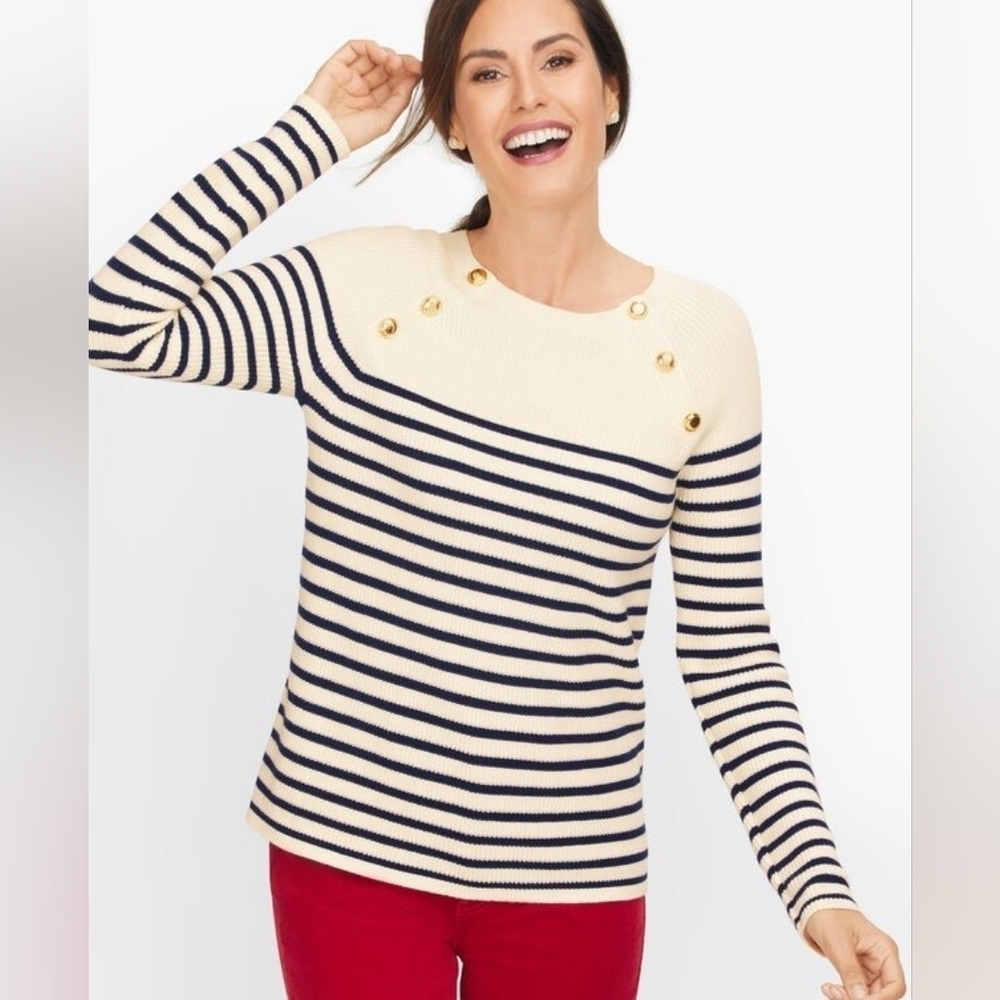 Talbots Pima Mariner Stripe crew Sweater sz medium navy cream new with tags